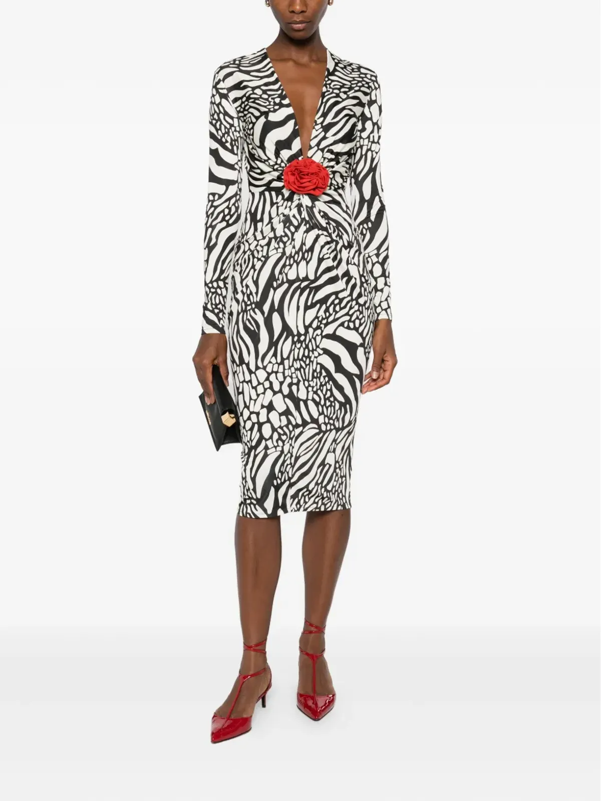 ROSERRY Malllorca rose-embellished zebra-print midi dress - Black - 画像2