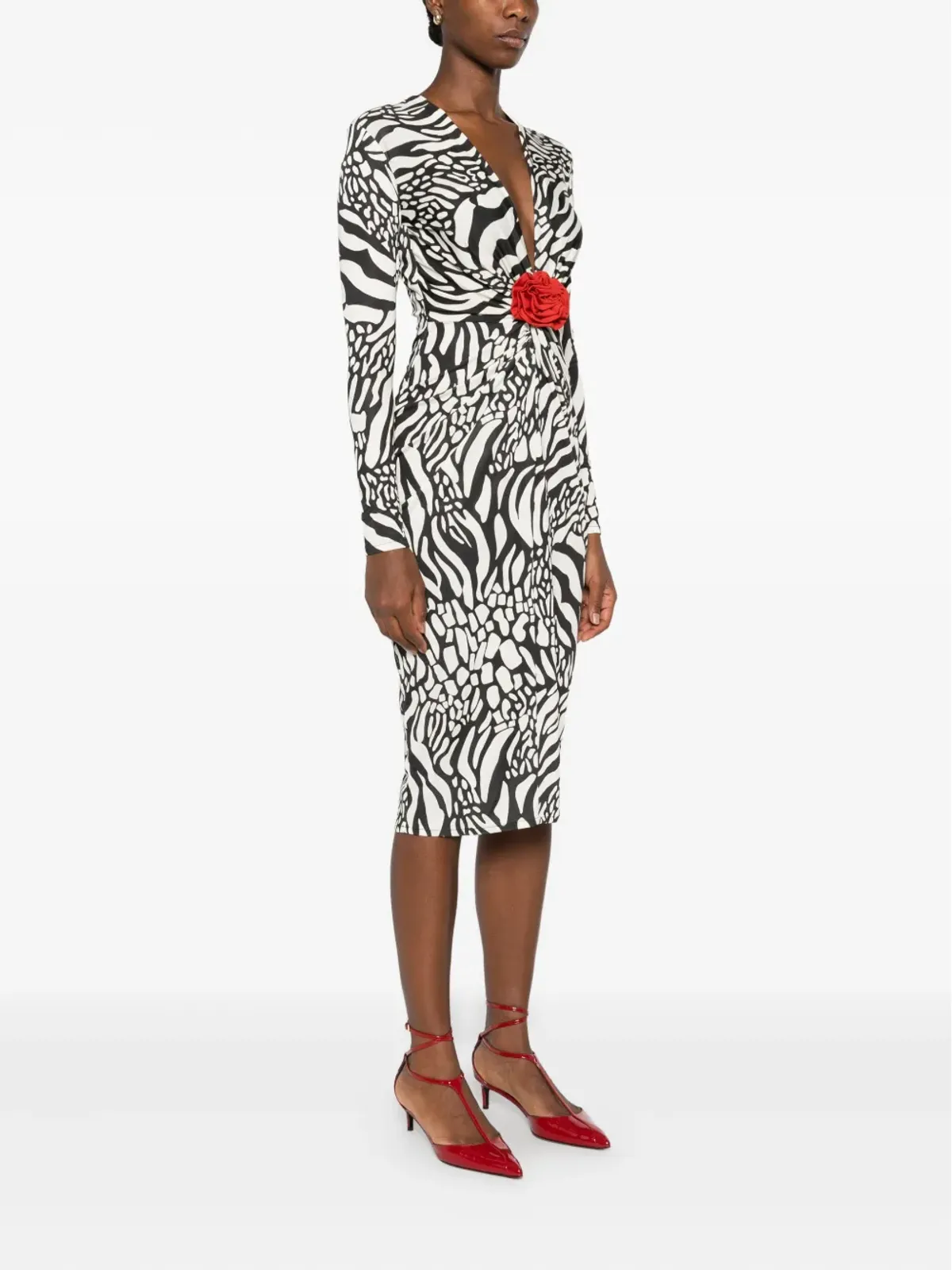 ROSERRY Malllorca rose-embellished zebra-print midi dress - Black - 画像3
