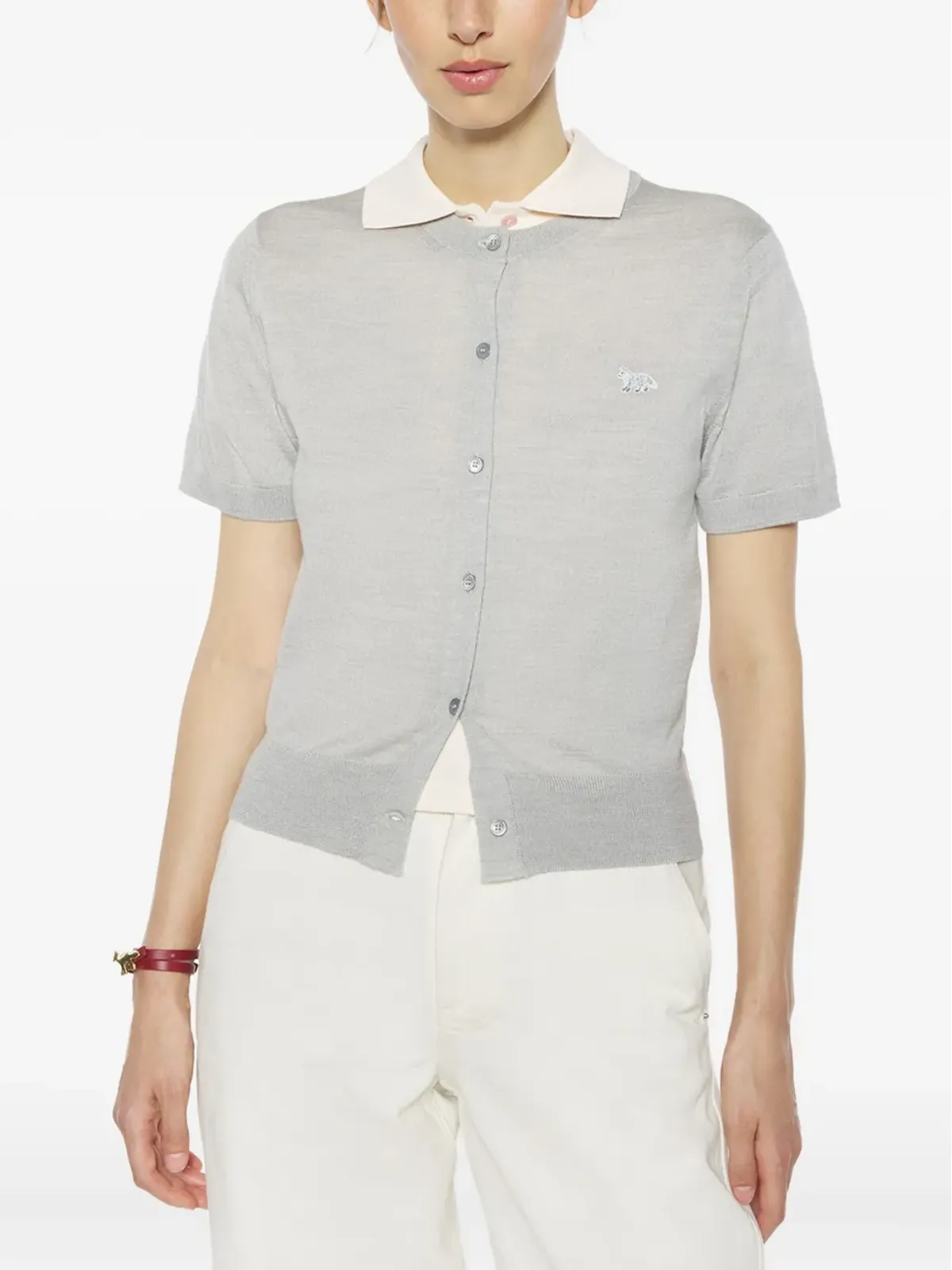 Maison Kitsuné ベビー・フォックス刺繍ショートスリーブカーディガン - Grey - 画像4
