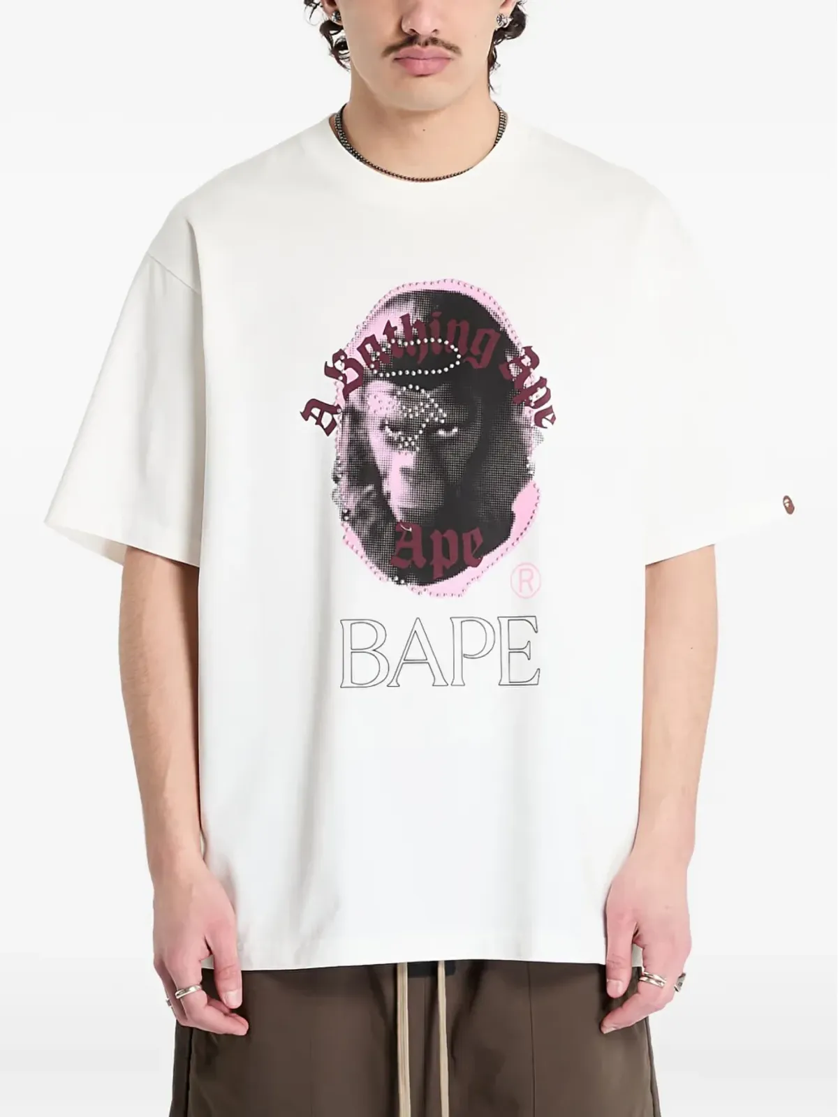 A BATHING APE rhinestone-embellished ape head-print T-shirt - White - 画像1