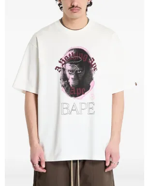 A BATHING APE rhinestone-embellished ape head-print T-shirt - White - サムネイル1