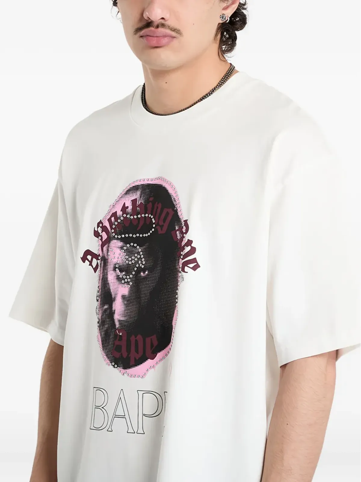 A BATHING APE rhinestone-embellished ape head-print T-shirt - White - 画像4