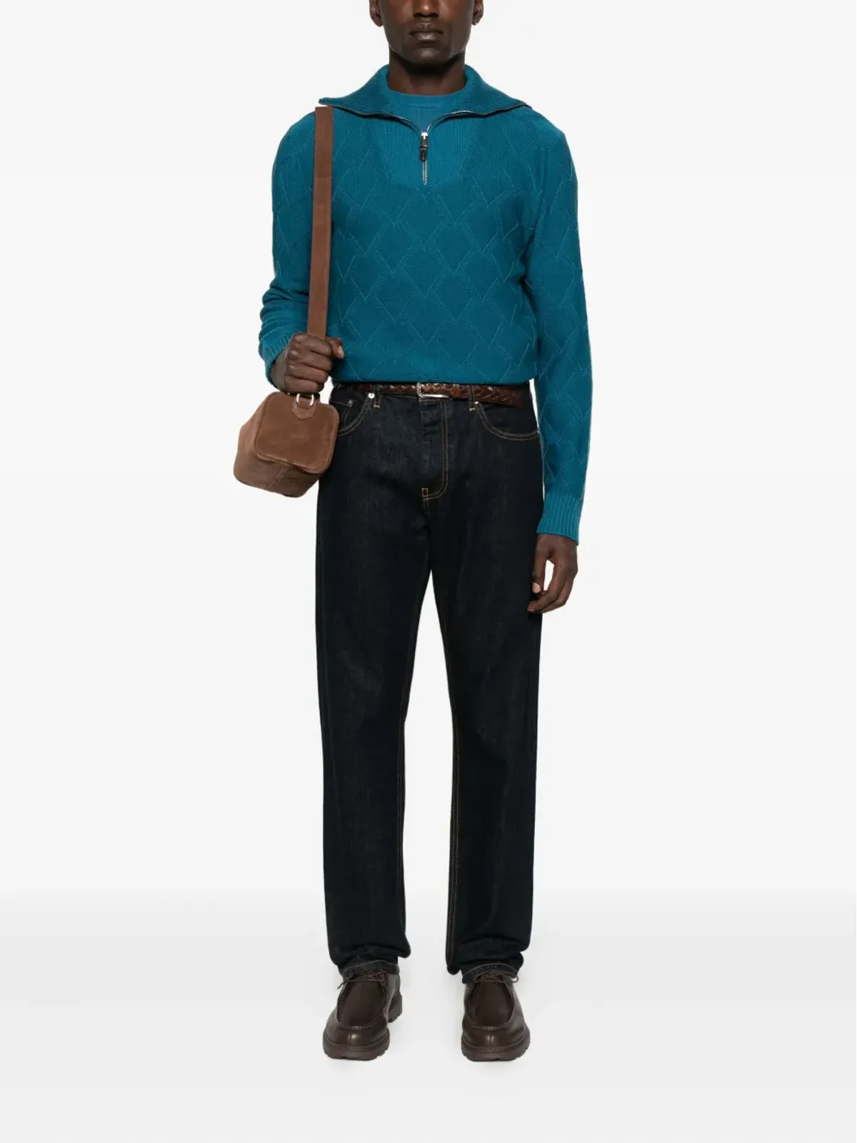 Canali ダイヤモンドパターン ジップネックセーター ブルー - 画像2