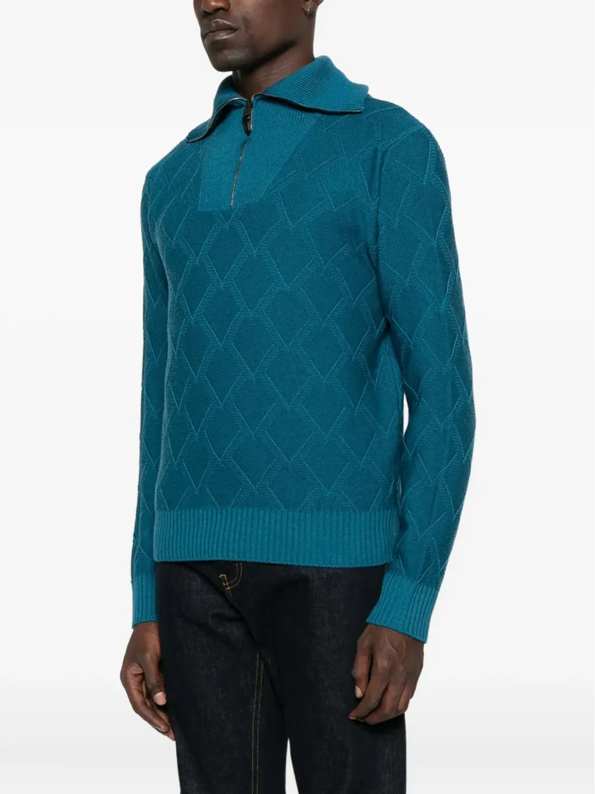Canali ダイヤモンドパターン ジップネックセーター ブルー - 画像3
