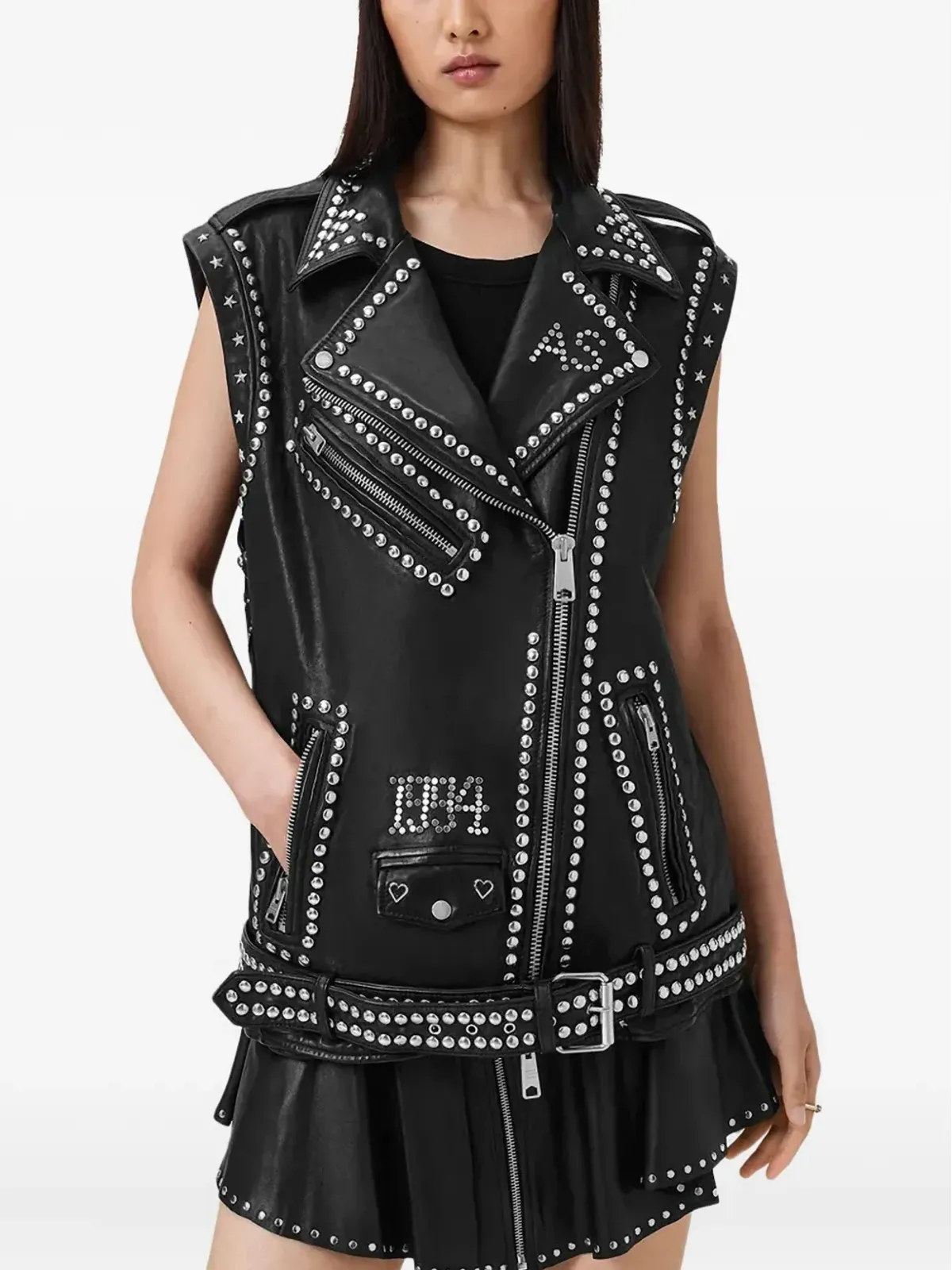 AllSaints スタッズ入りレザーバイカーベスト - 画像1