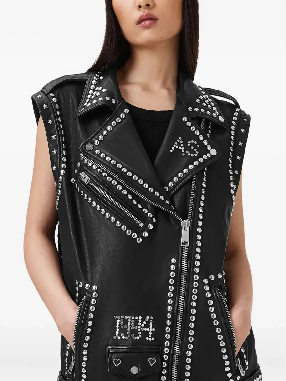AllSaints スタッズ入りレザーバイカーベスト - 画像2
