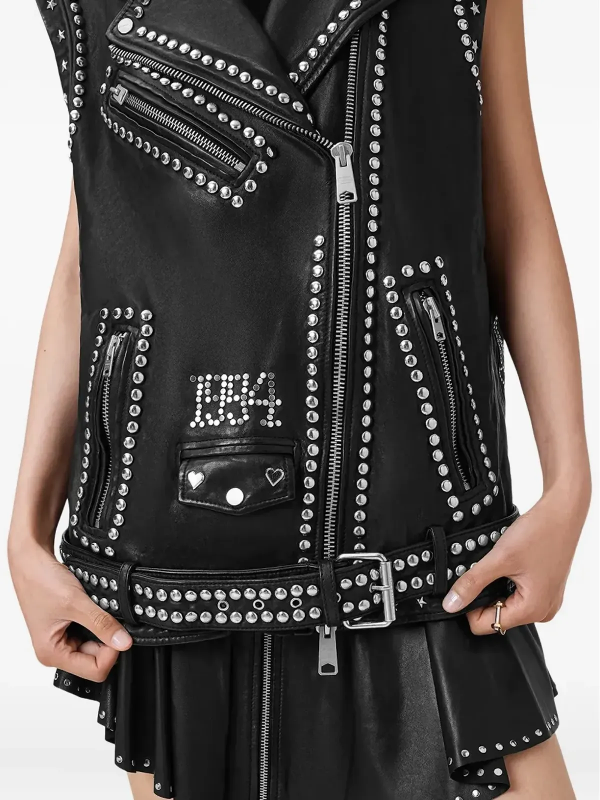 AllSaints スタッズ入りレザーバイカーベスト - 画像4