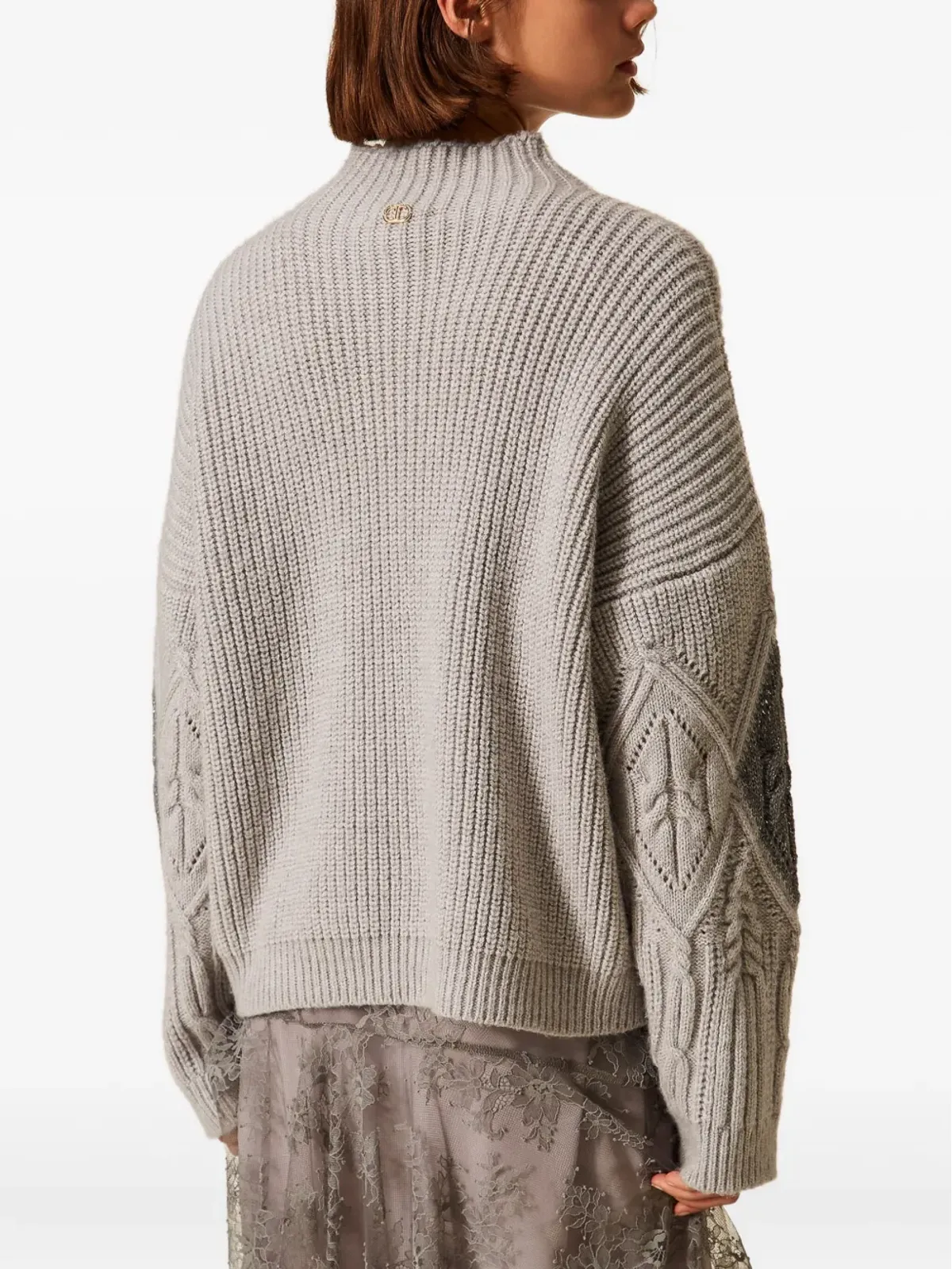 TWINSET グレー ケーブルニット・インターシャ ジャンパー - 画像5