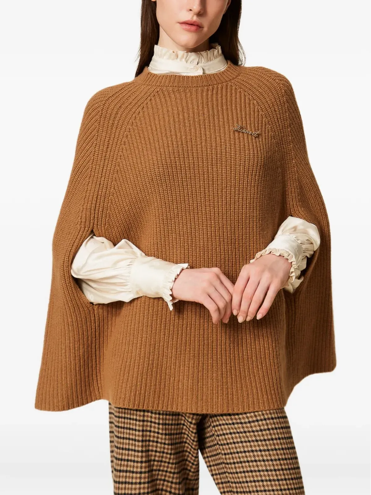 TWINSET リブ編み ジュエル付きケープ ブラウン - 画像3