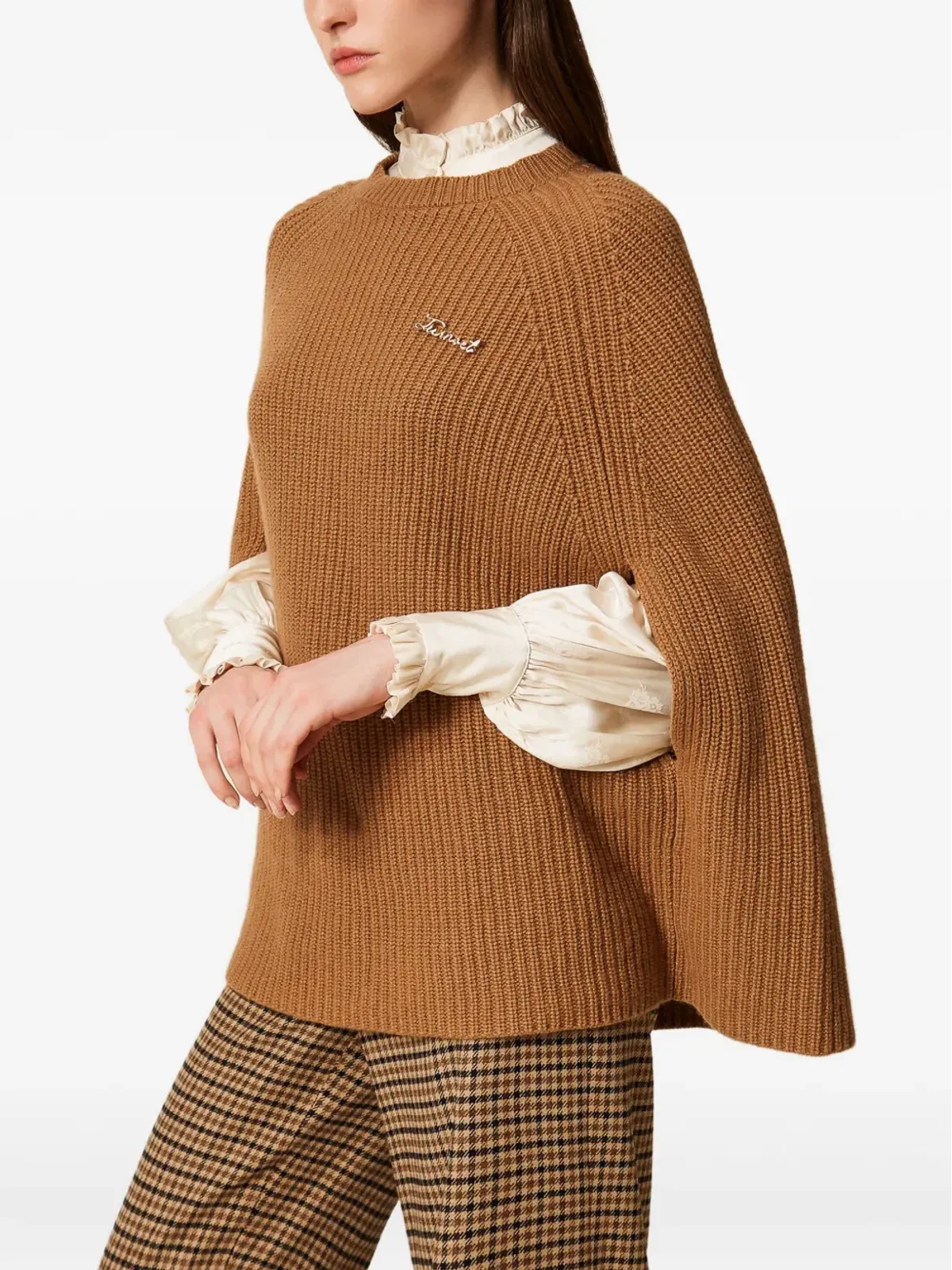 TWINSET リブ編み ジュエル付きケープ ブラウン - 画像4