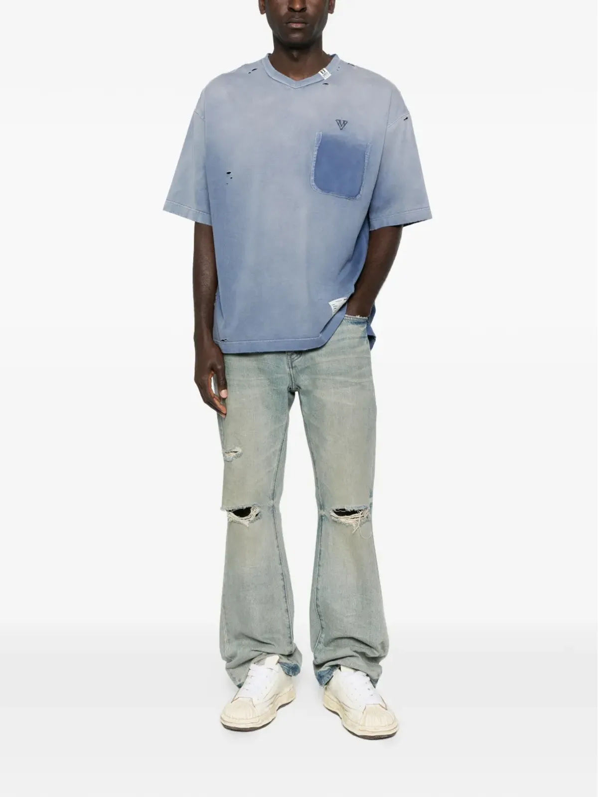Maison MIHARA YASUHIRO ダメージ加工ポケット付きVネックTシャツ - 画像2