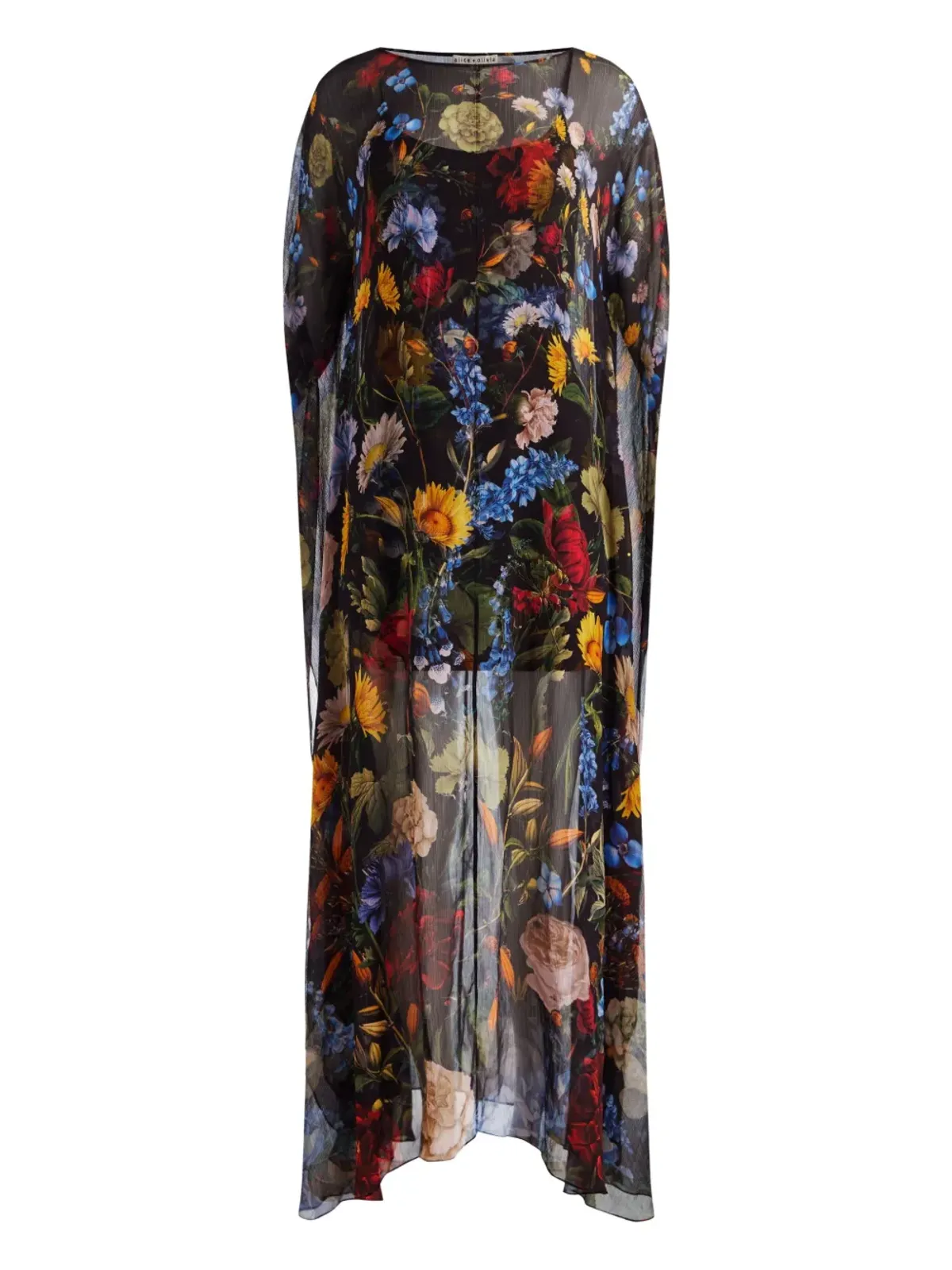 alice + olivia リン花柄プリント ケープ付きマキシドレス - ブラック - 画像1