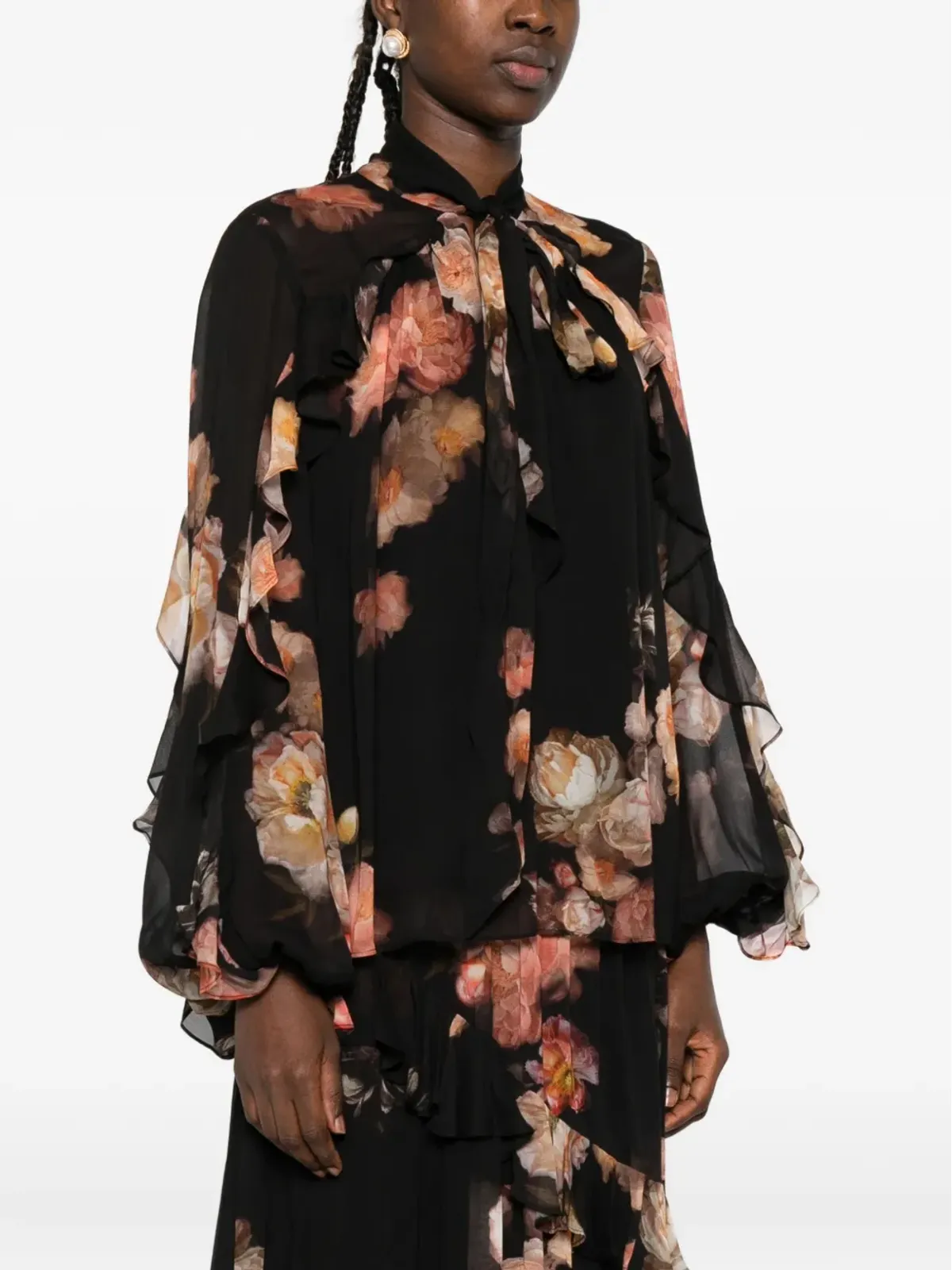 ZIMMERMANN 黒地の花柄プリント フリルブラウス - 画像3