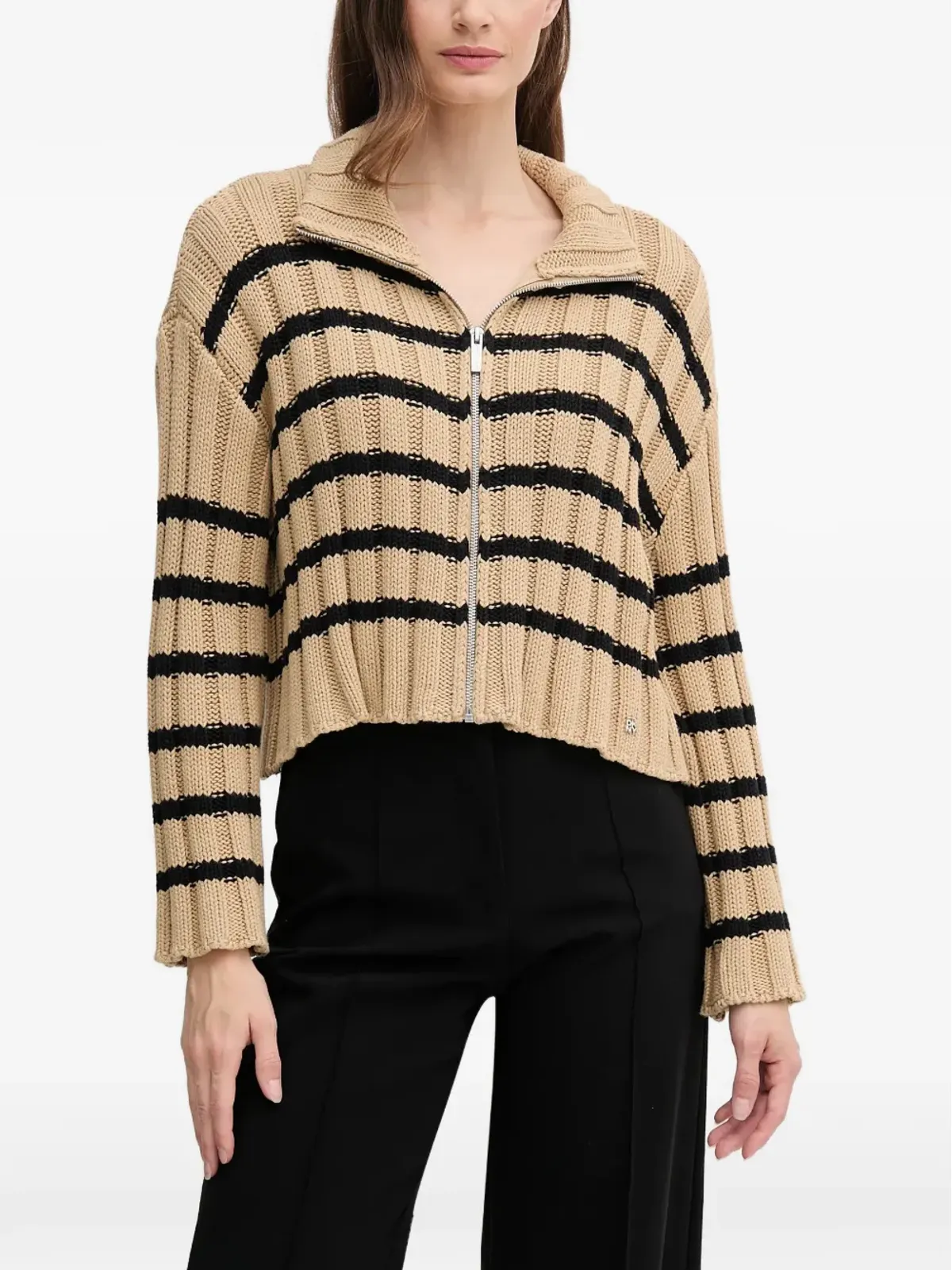 DKNY ストライプ柄ジップカーディガン ブラウン - 画像1