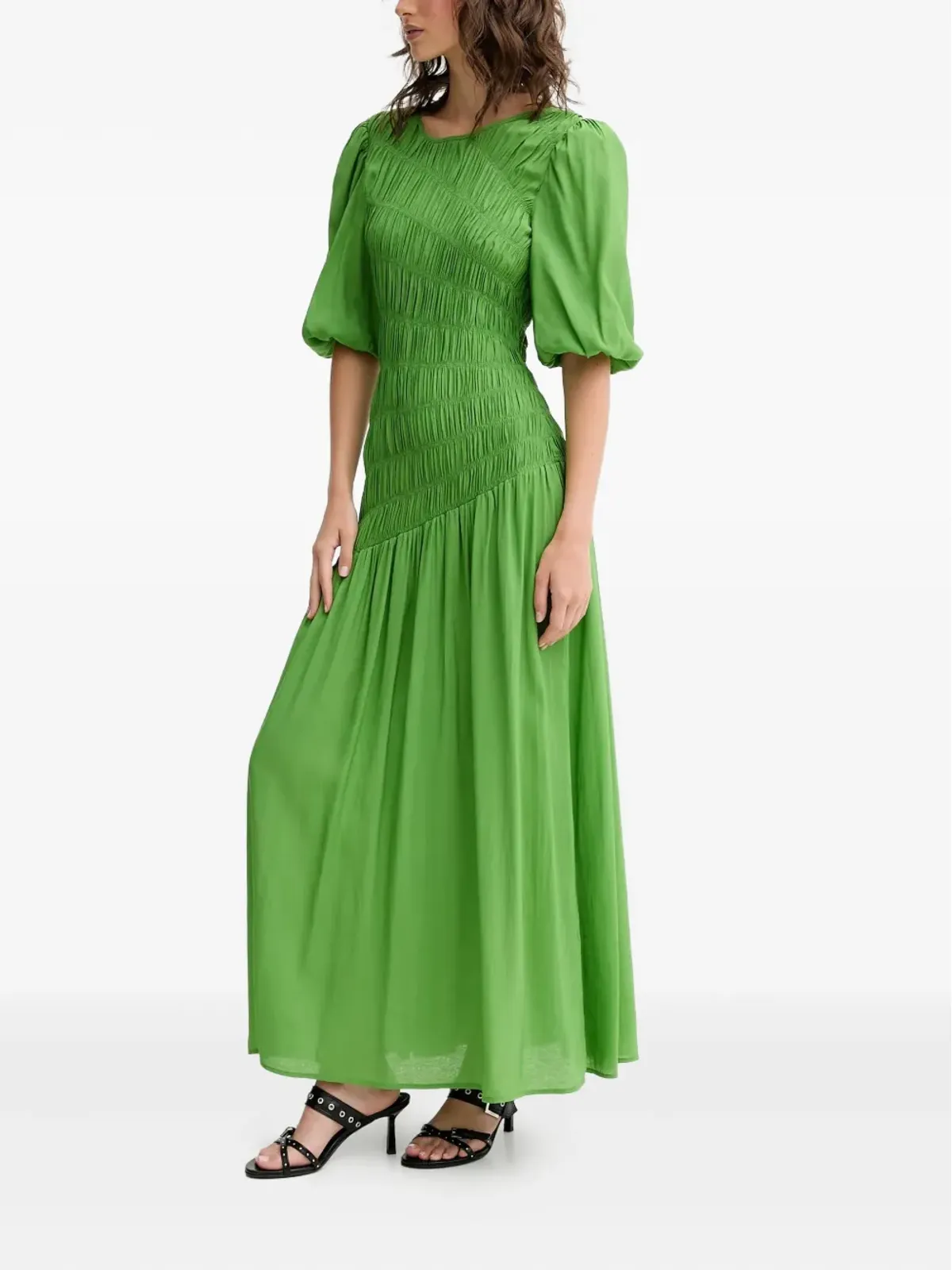NEVER FULLY DRESSED shirred puff-sleeve maxi dress - Green - 画像2