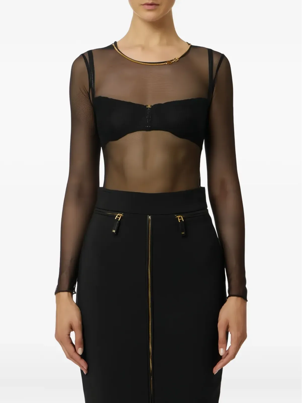 Elisabetta Franchi メッシュ長袖ボディスーツ ブラック - 画像2