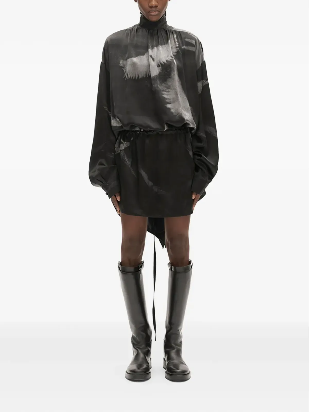 Ann Demeulemeester 鳩プリント シルクドレス - ブラック - 画像1