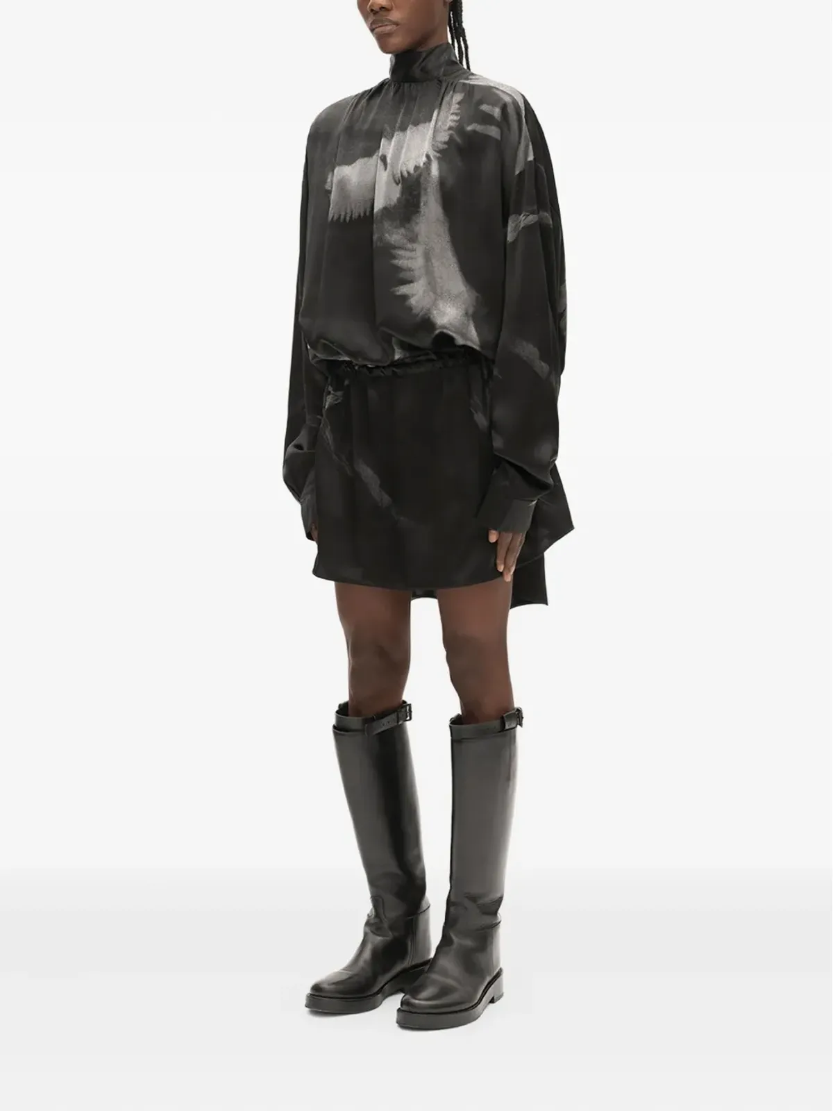 Ann Demeulemeester 鳩プリント シルクドレス - ブラック - 画像2