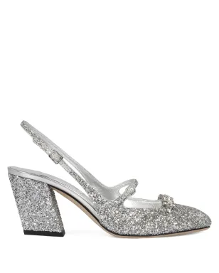 Jimmy Choo Belinda グリッター スリングバック ブロックヒール パンプス 45mm - シルバー - サムネイル1