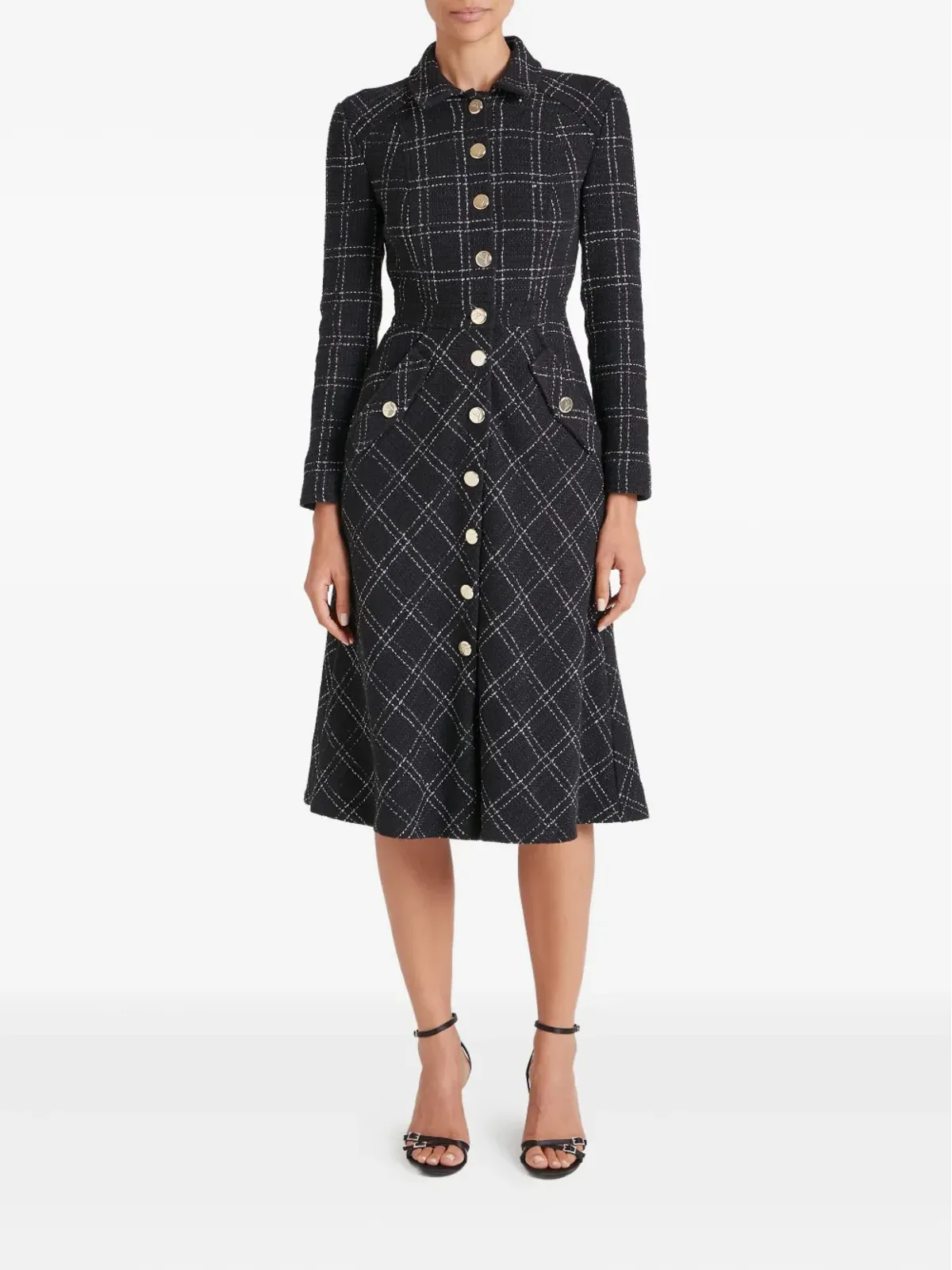 Temperley London コロネルチェック柄ボタン ミディドレス ブラック - 画像2