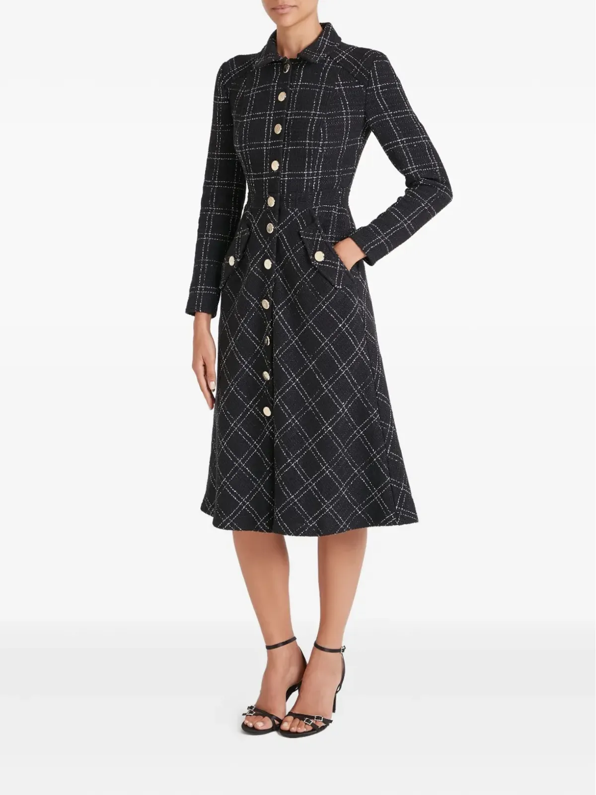 Temperley London コロネルチェック柄ボタン ミディドレス ブラック - 画像3