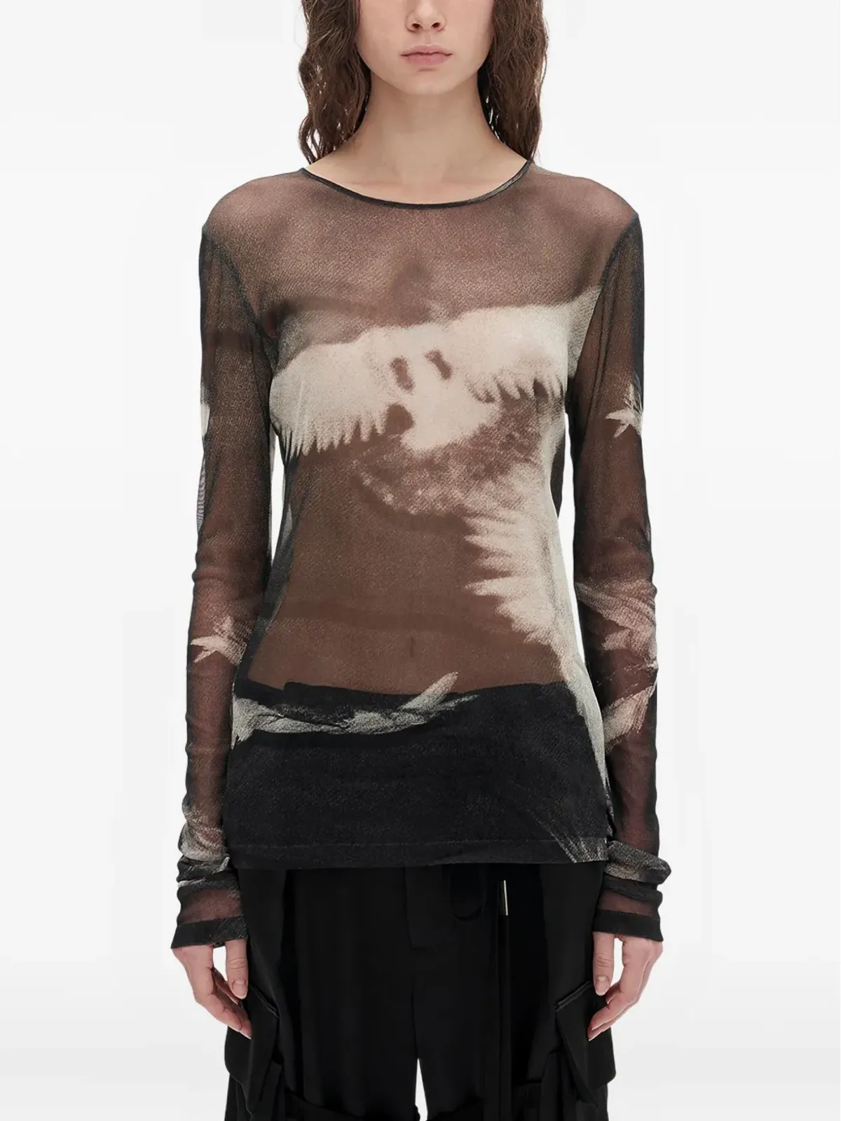 Ann Demeulemeester メッシュグラフィックプリントTシャツ ブラック - 画像1