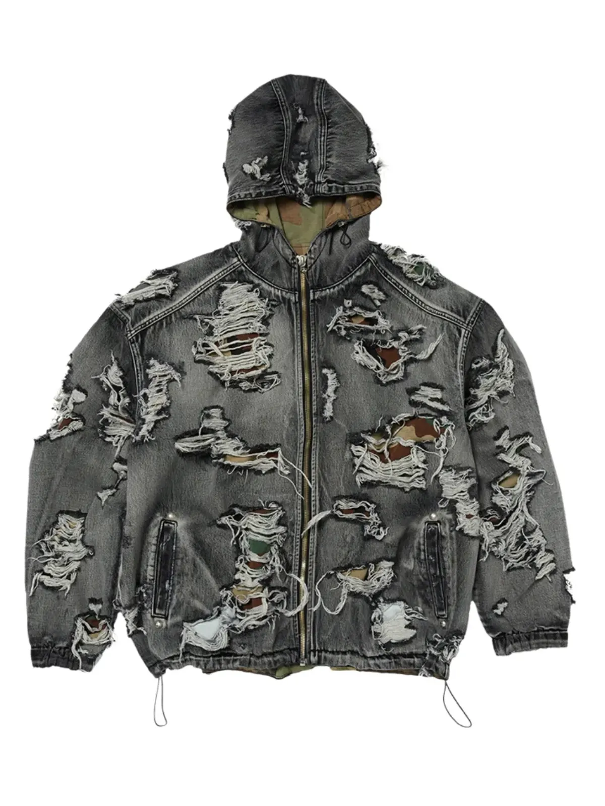 THUG CLUB Hell Denim ripped hooded denim jacket - Grey - 画像1