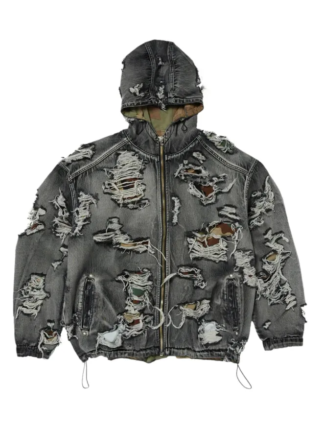 Thug Club THUG CLUB Hell Denim ripped hooded denim jacket - Greyの商品画像
