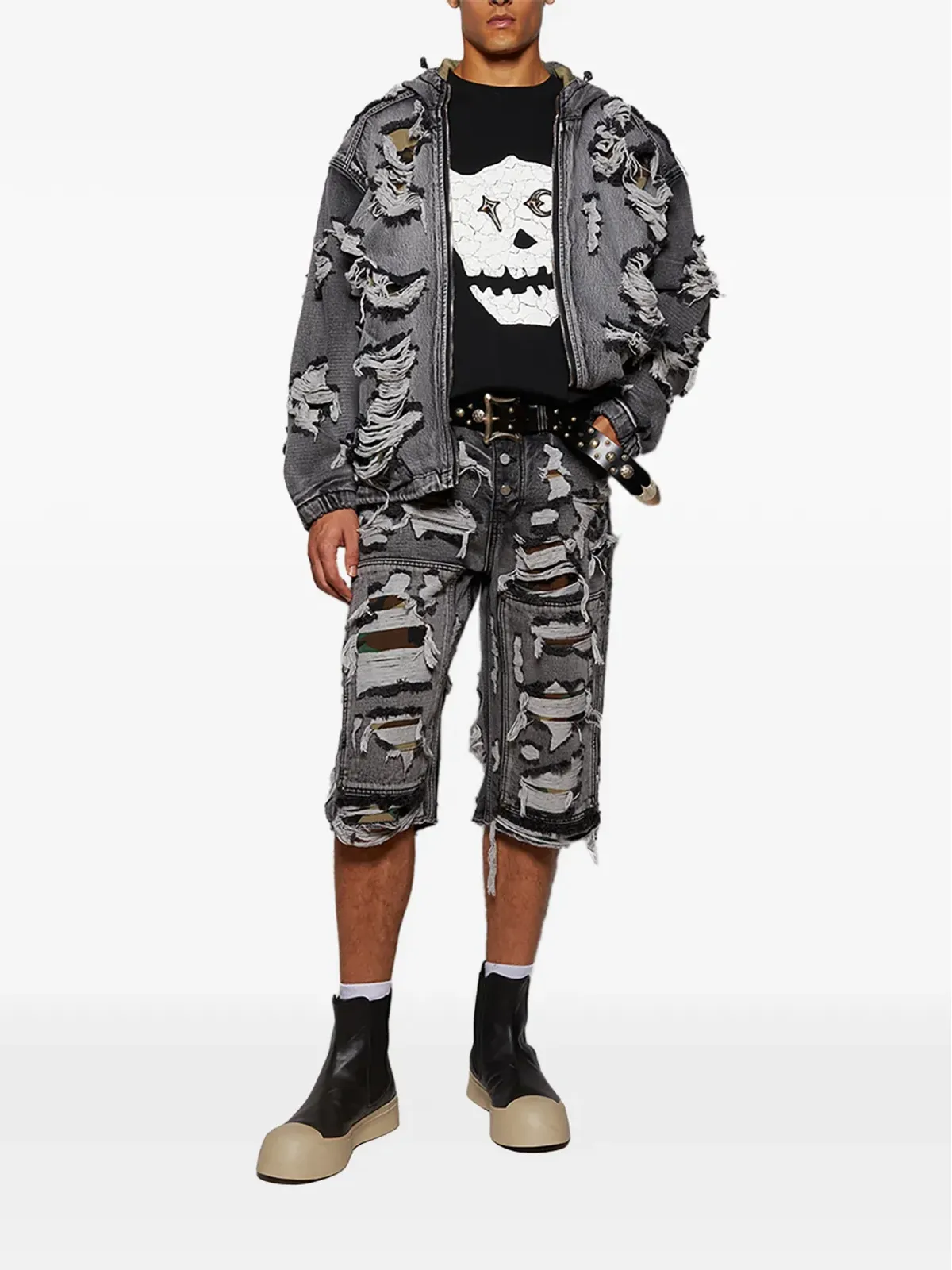 THUG CLUB Hell Denim ripped hooded denim jacket - Grey - 画像2