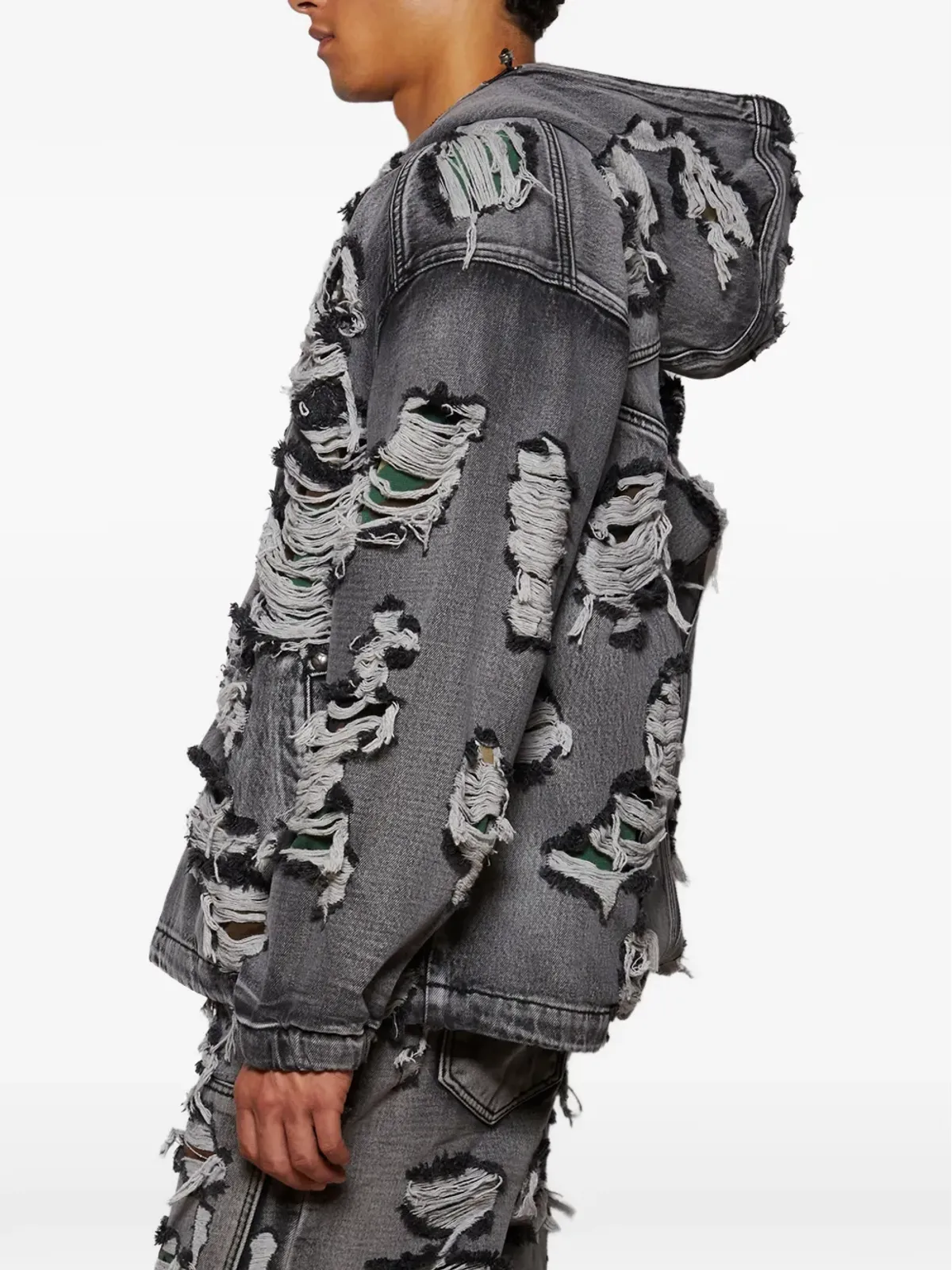 THUG CLUB Hell Denim ripped hooded denim jacket - Grey - 画像4