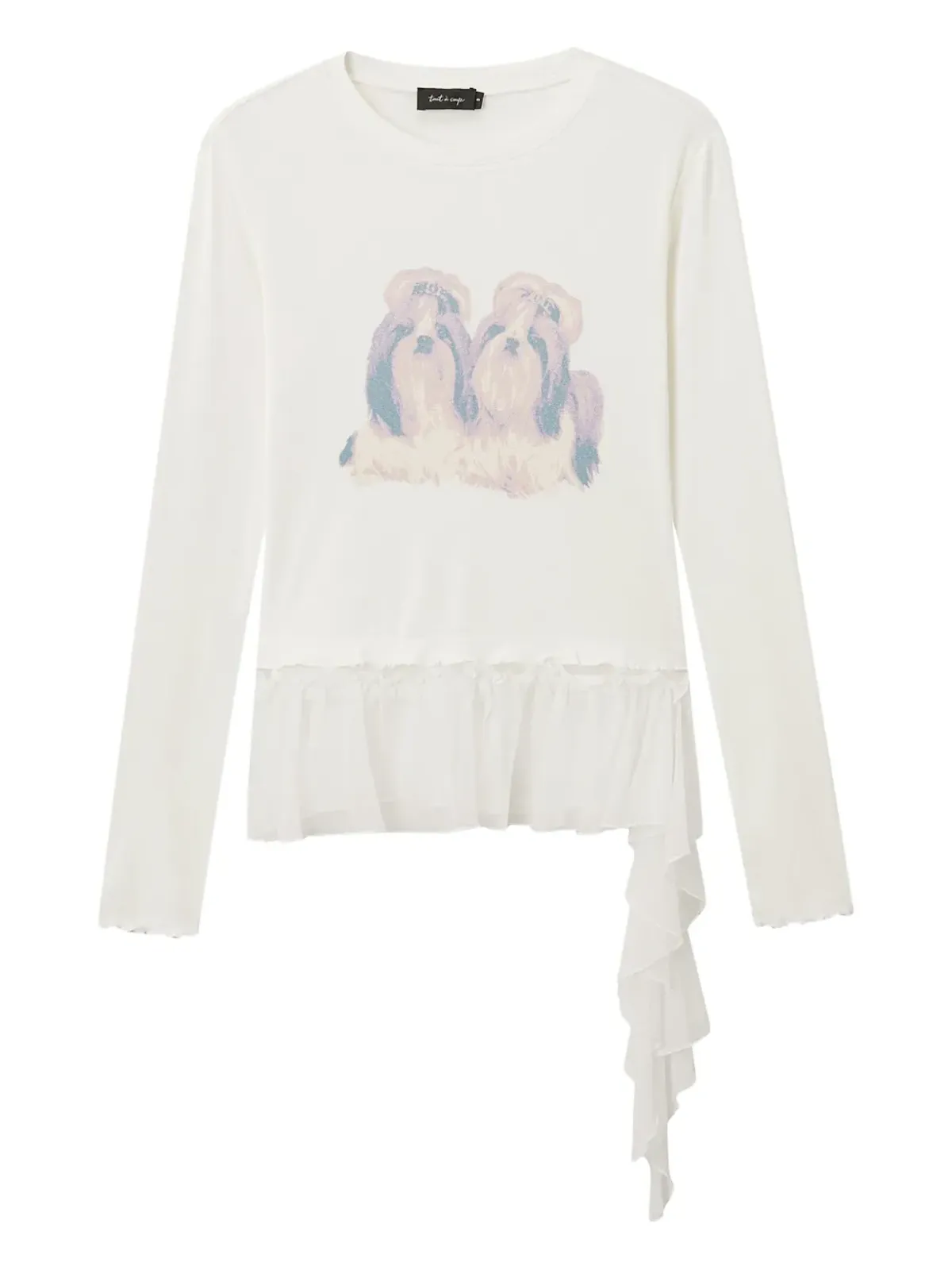 tout a coup ドッグプリント・フリルヘム Tシャツ - 画像1