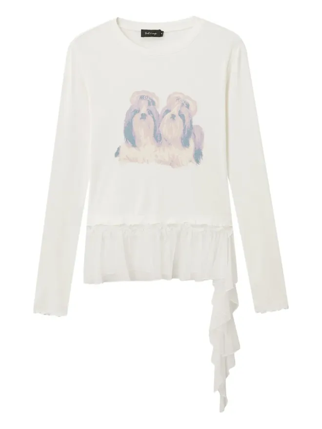 tout a coup tout a coup ドッグプリント・フリルヘム Tシャツの商品画像