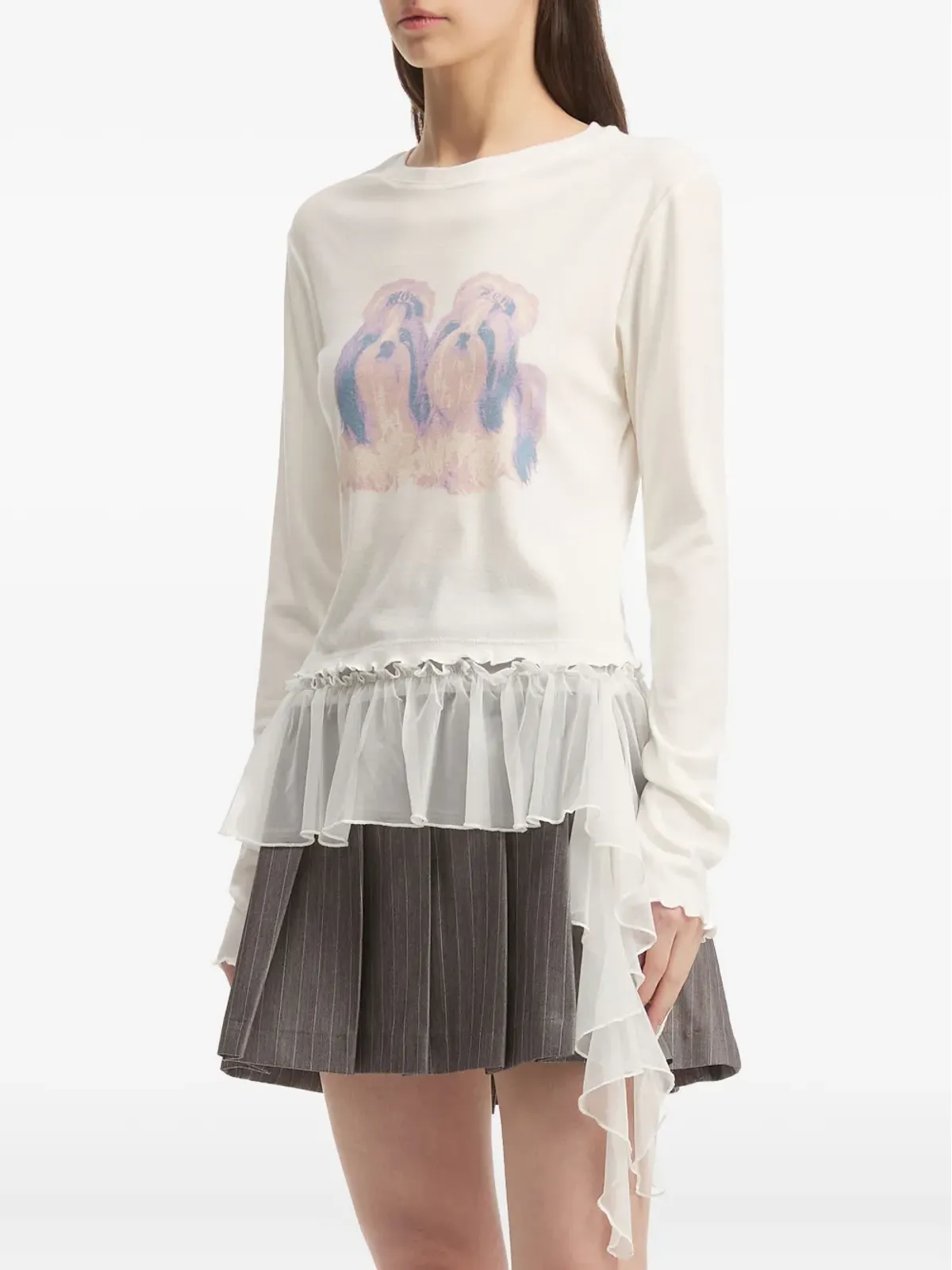 tout a coup ドッグプリント・フリルヘム Tシャツ - 画像3