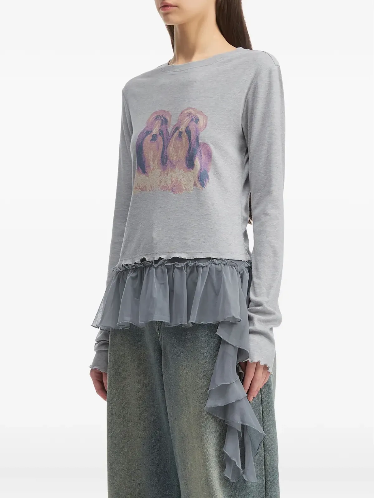 tout a coup 犬プリント・フリルヘム Tシャツ - グレー - 画像3
