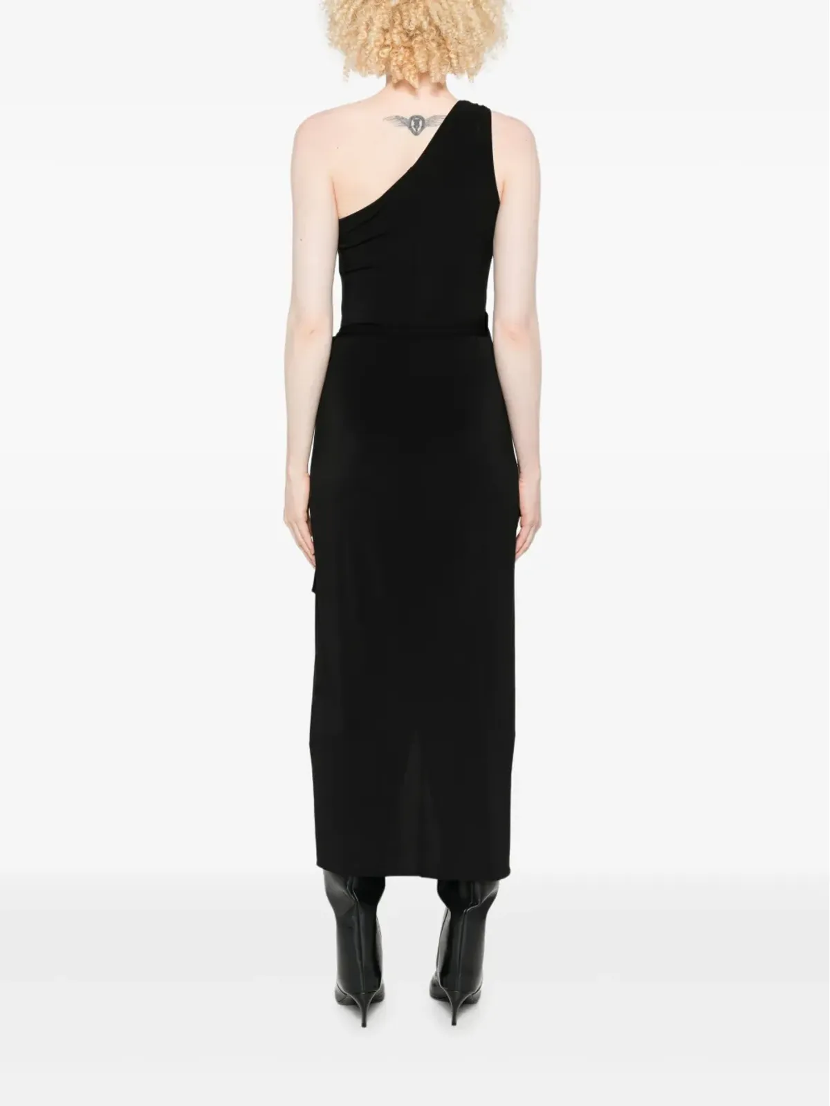 AMIRI 片肩デザインのラップミディドレス ブラック - 画像4