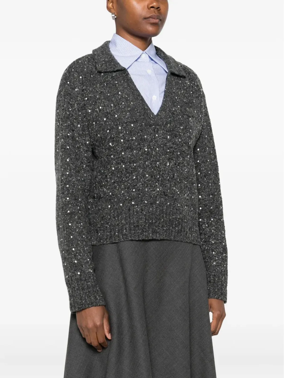 PINKO rhinetone-embellished collared sweater - Grey - 画像3