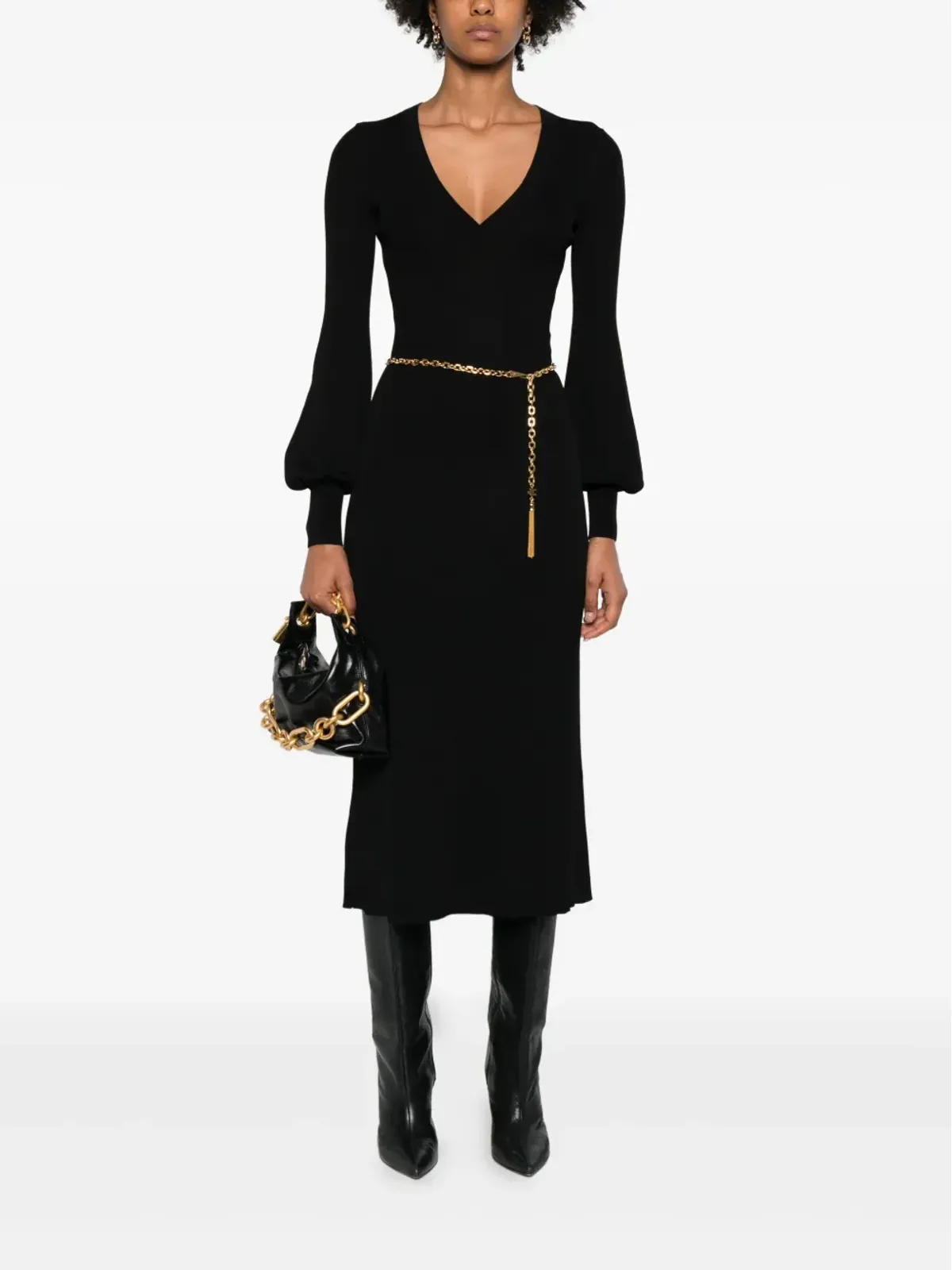 Elisabetta Franchi バルーンスリーブ Vネック ミディドレス - 画像2