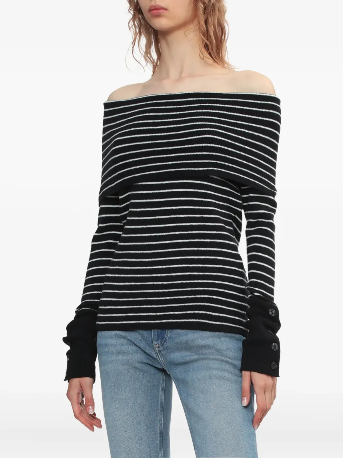 Free People オフショルダー・ストライプセーター ブラック - 画像3