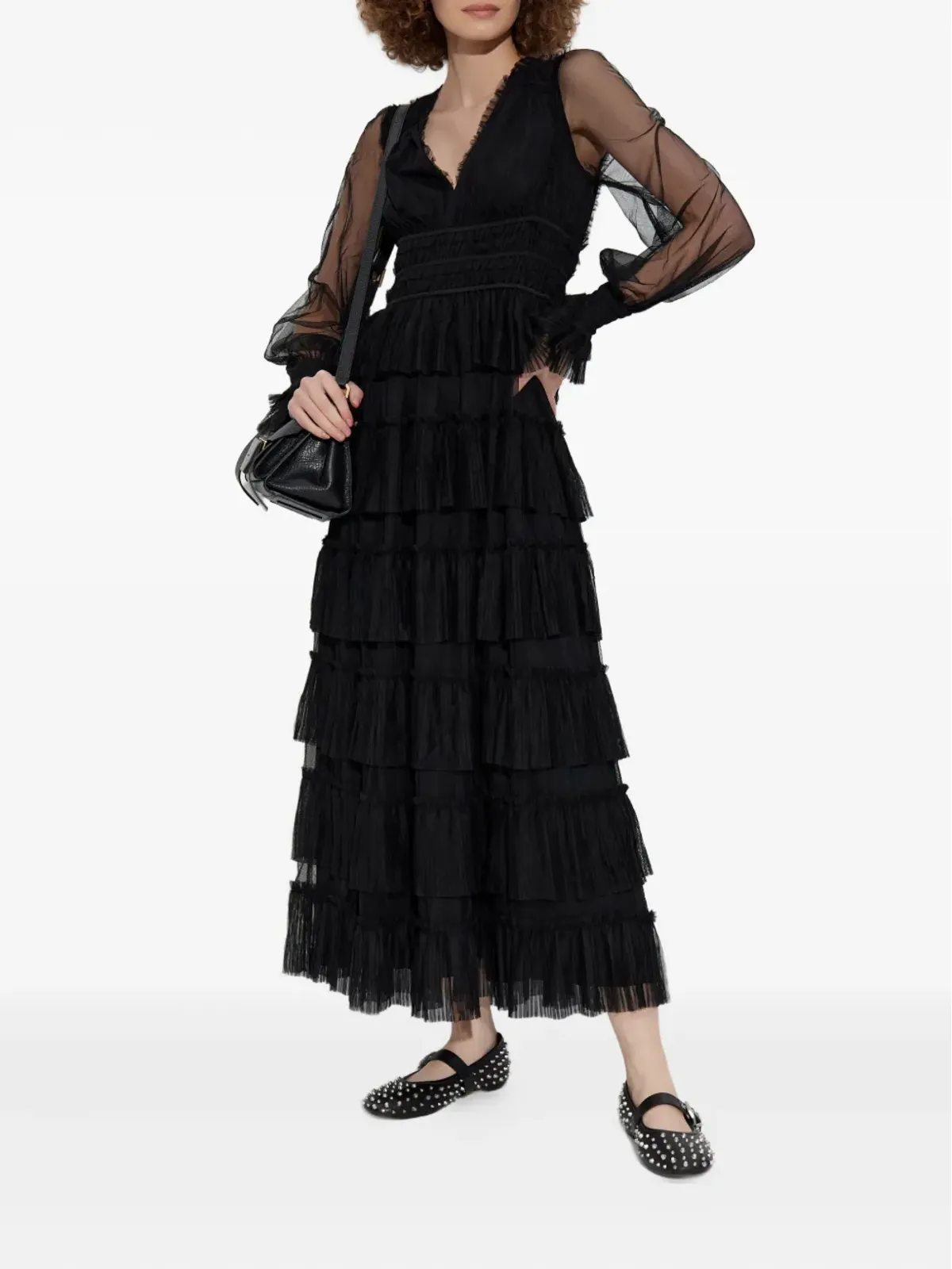 AllSaints ティアードフリルドレス ブラック - 画像3