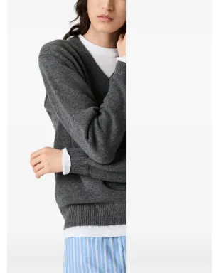 Miu Miu intarsia-logo V-neckセーター - グレー - サムネイル4