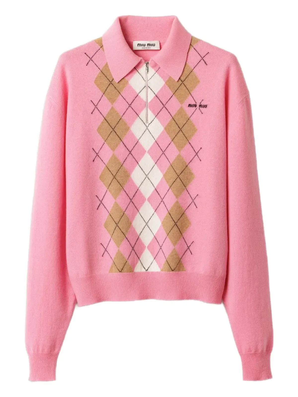 Miu Miu アーガイル柄インターシャ編み ハーフジップセーター（ピンク） - 画像1