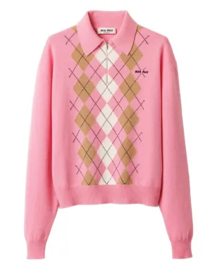 Miu Miu アーガイル柄インターシャ編み ハーフジップセーター（ピンク） - サムネイル1