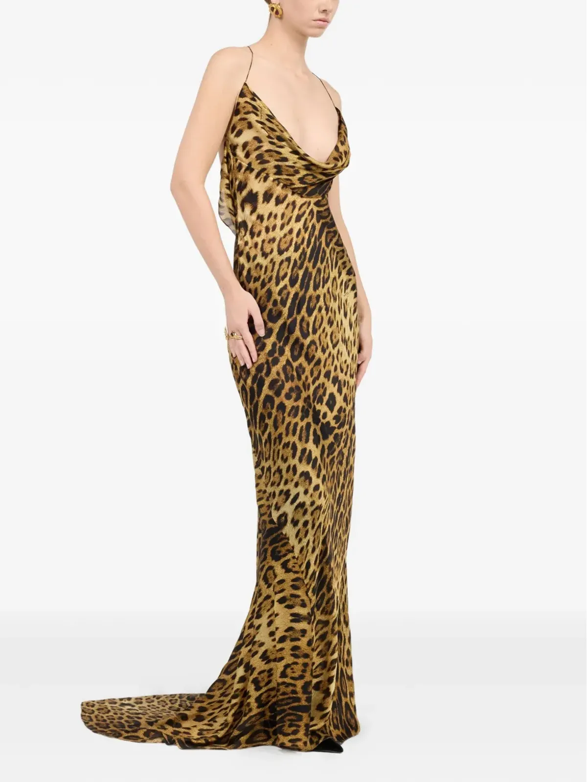 Roberto Cavalli カウルネック ヒョウ柄 マキシドレス（ブラウン） - 画像3