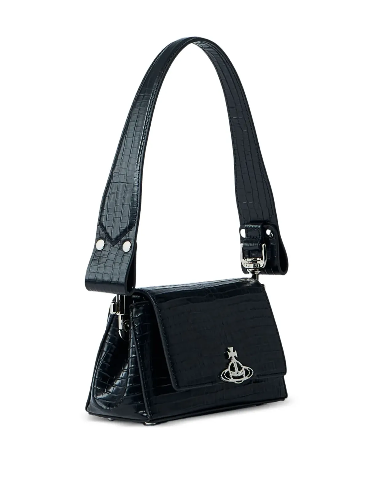 Vivienne Westwood ヘイゼル クロコダイル型押しフラップショルダーバッグ ブラック - 画像3