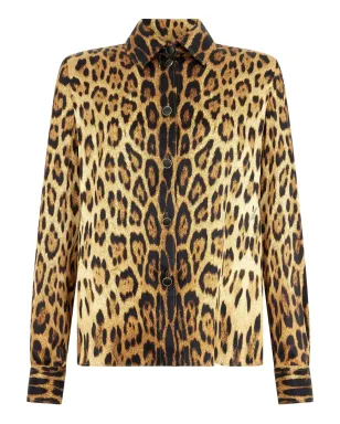 Roberto Cavalli ジャガー柄プリント ボタンアップシャツ（ブラウン） - サムネイル1