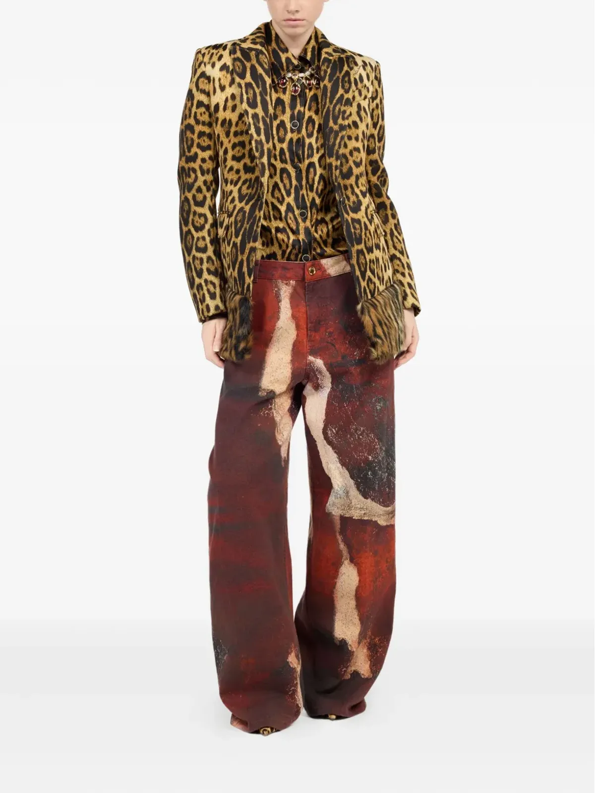 Roberto Cavalli ジャガー柄プリント ボタンアップシャツ（ブラウン） - 画像2