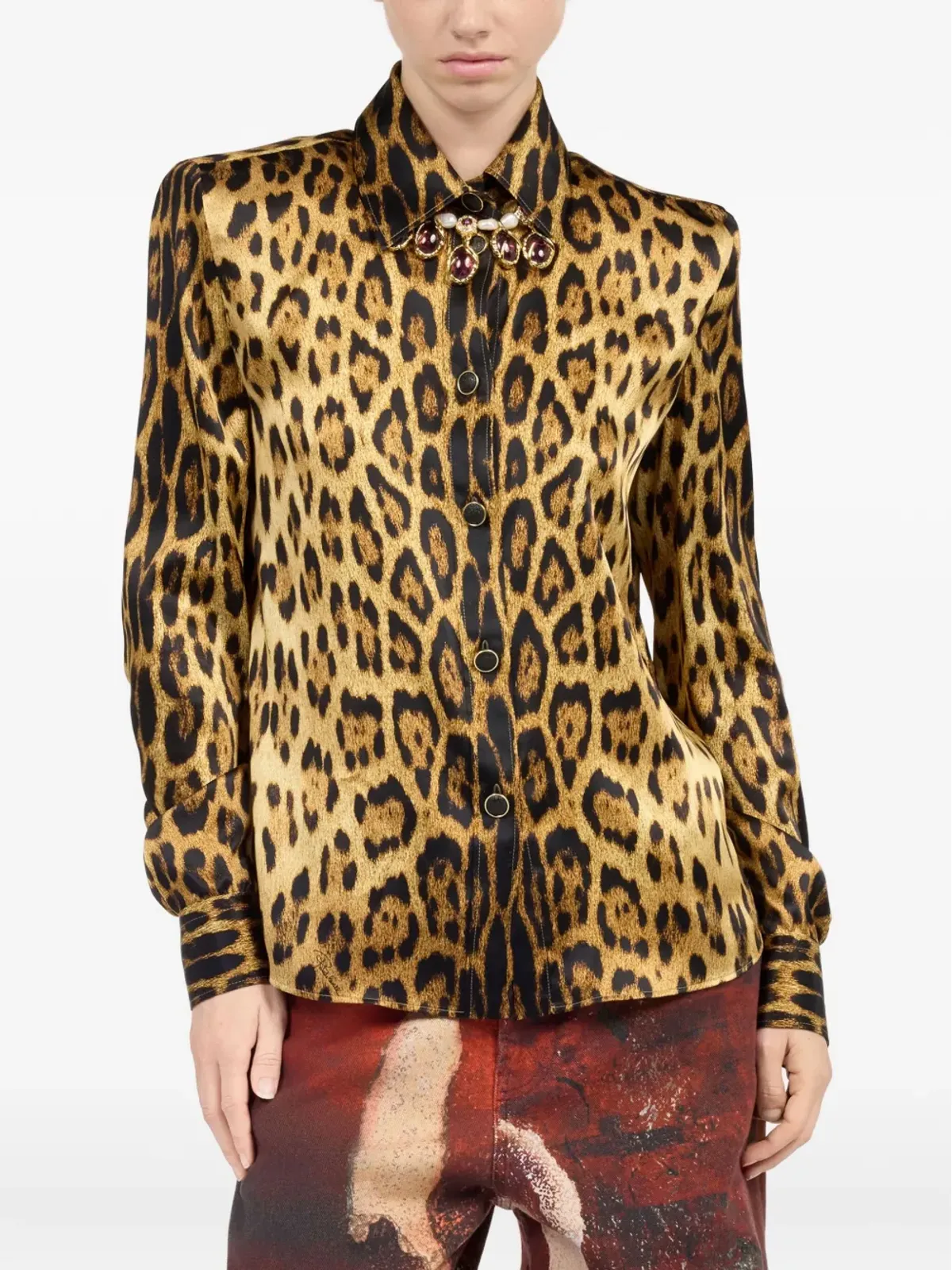 Roberto Cavalli ジャガー柄プリント ボタンアップシャツ（ブラウン） - 画像3