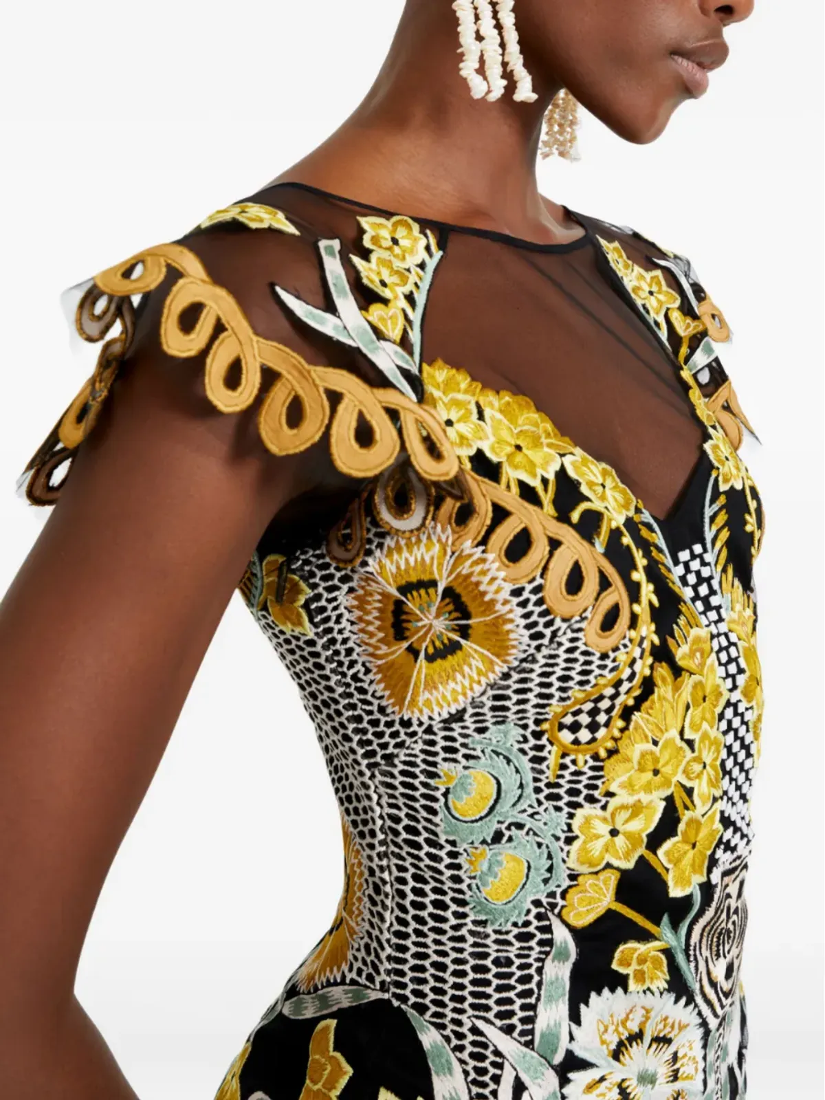 Temperley London 刺繍入りフローラルプリント マキシドレス（ブラック） - 画像5