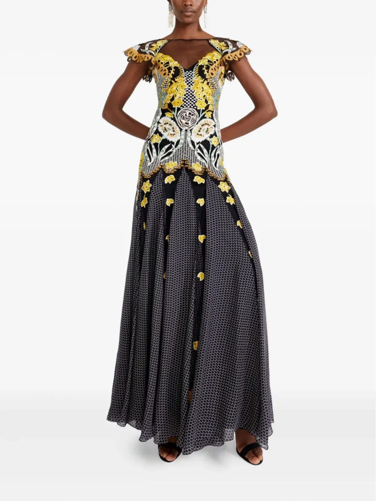 Temperley London 刺繍入りフローラルプリント マキシドレス（ブラック） - 画像2