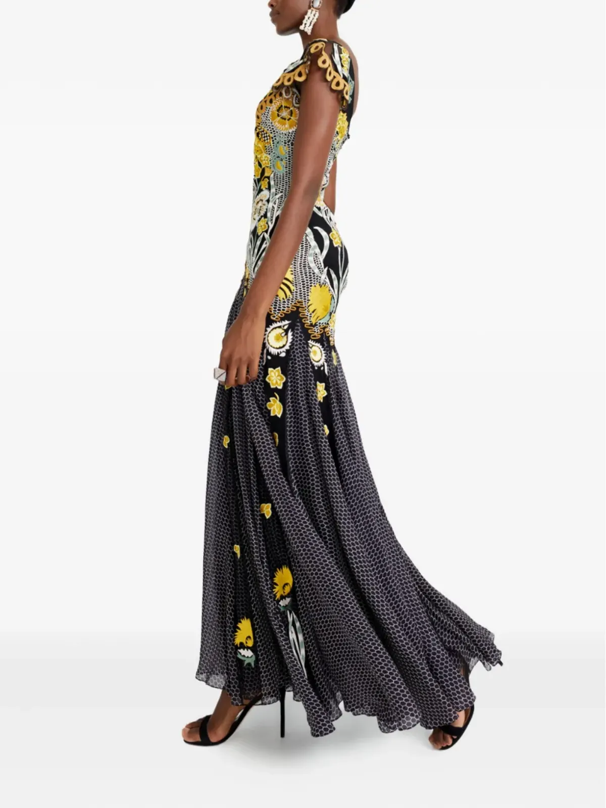 Temperley London 刺繍入りフローラルプリント マキシドレス（ブラック） - 画像3